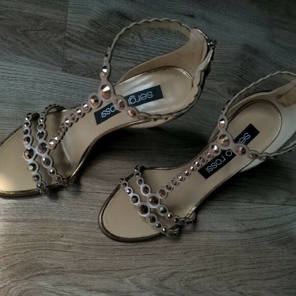 Sergio Rossi Crystal Stud Rose Gold Strappy Stiletto Heels - Picture 9 of 12